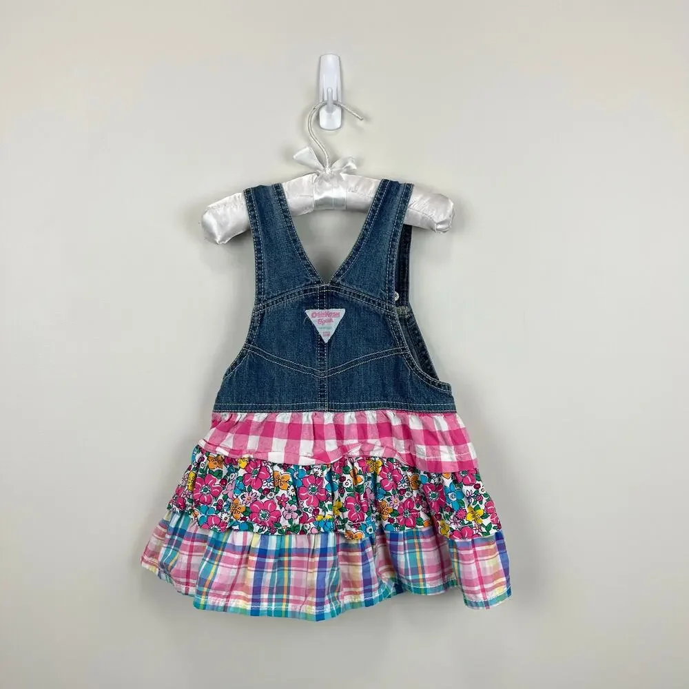Vintage OshKosh B'gosh Floral Plaid Ruffle Skirtall Jumper 2T